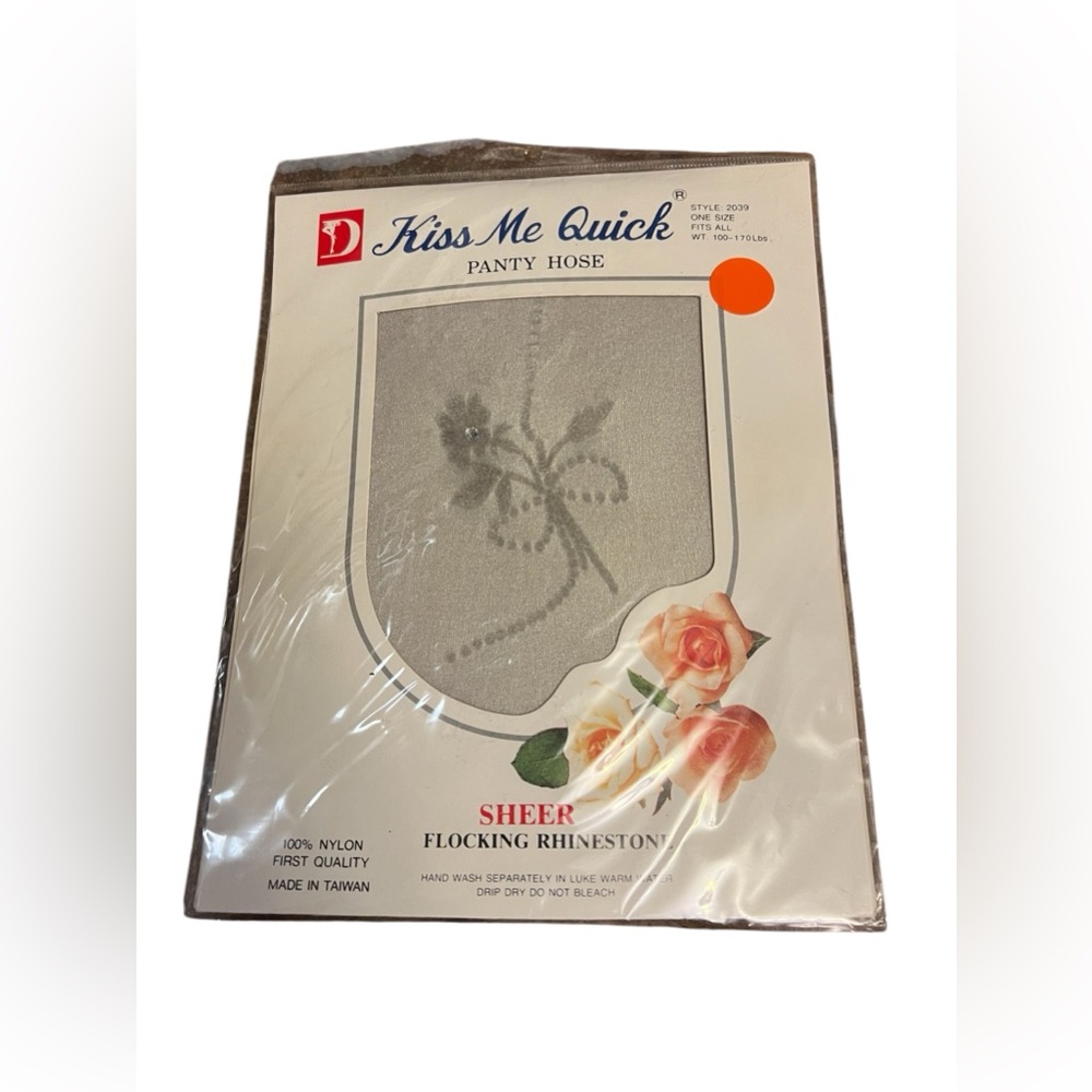 Vintage Kiss Me Quick Panty Hose Sheer Flocking Rhinestone Gray Silver 2039 NOS